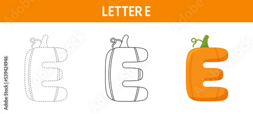 Letter E Pumpkin tracing and coloring worksheet for kids
