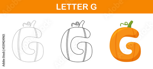 Letter G Pumpkin tracing and coloring worksheet for kids