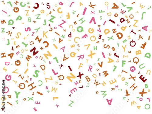 Abstract colorful alphabet background isolated on white background. Random letters falling from top. 