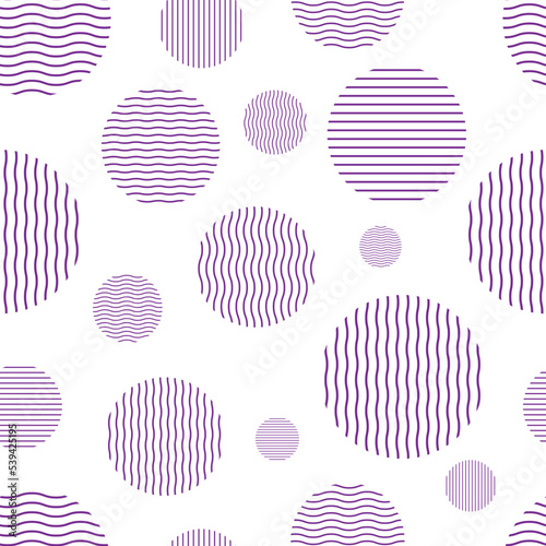 Seamless abstract pattern with purple wavy circles on white background.
