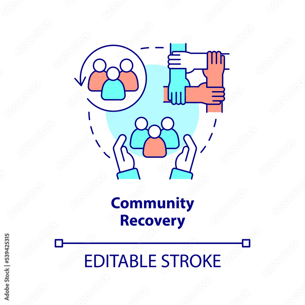 Community recovery concept icon. Radiation effects. Public health preparedness abstract idea thin line illustration. Isolated outline drawing. Editable stroke. Arial, Myriad Pro-Bold fonts used
