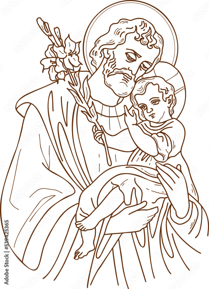 Saint Joseph the Betrothed. Icon Holy Forefather with Jesus Christ and blooming lily. Vector