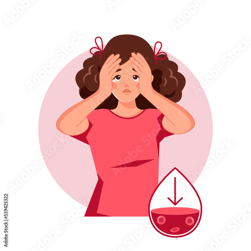 A young woman suffers from dizziness and anemia. Low hemoglobin, iron deficiency. The concept of health protection. Vector illustration in cartoon style.