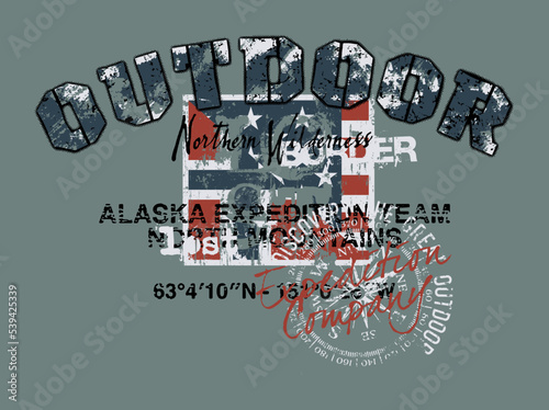 Discovery the great outdoor northern wilderness adventure expedition grunge vector print for boy kid man t shirt sweatshirt