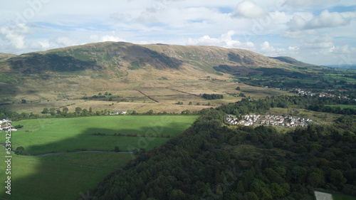 Aerial photo of Scottish green fields and hills in summer