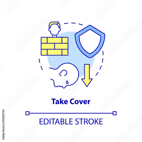 Take cover concept icon. Hide behind barrier. Action outside during nuclear accident abstract idea thin line illustration. Isolated outline drawing. Editable stroke. Arial, Myriad Pro-Bold fonts used