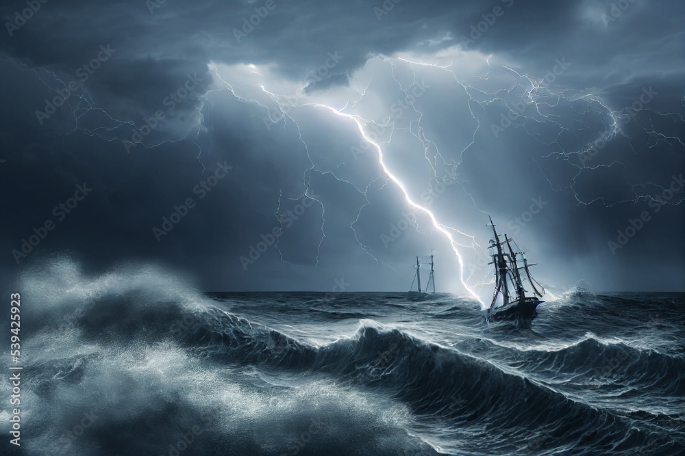 ship on a dark stormy sea with big waves 3d illustration Stock ...