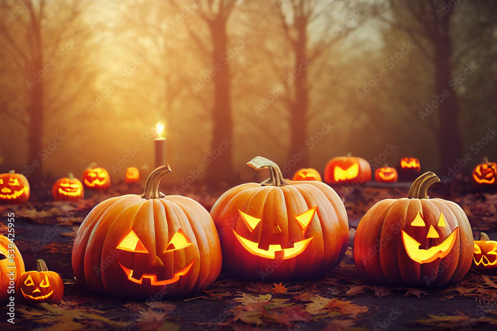 Fototapeta premium thanksgiving and Halloween pumpkins in autumn forest 3d illustration