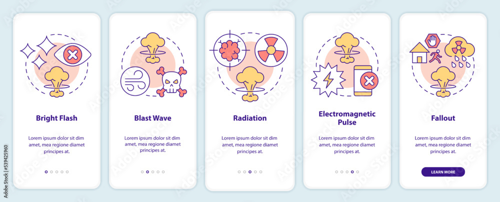 Nuclear explosion dangers onboarding mobile app screen. Radiation walkthrough 5 steps editable graphic instructions with linear concepts. UI, UX, GUI template. Myriad Pro-Bold, Regular fonts used