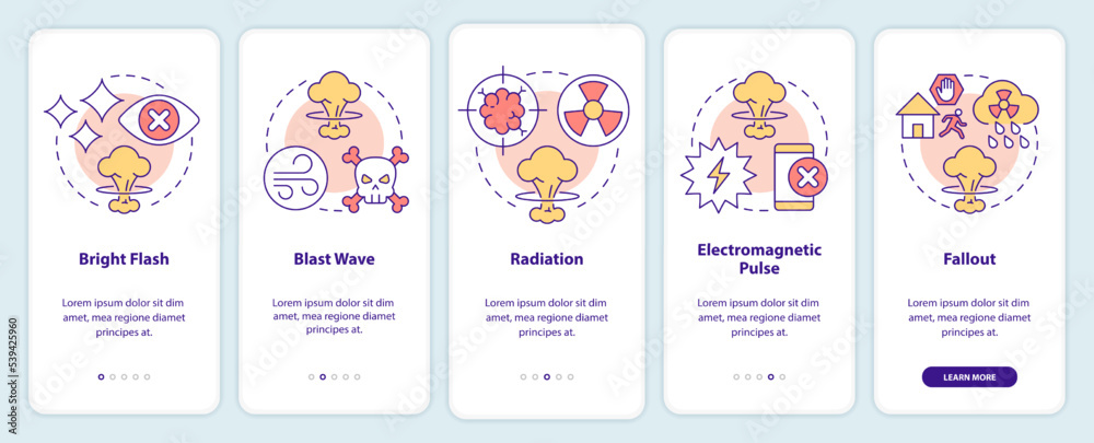Nuclear explosion dangers onboarding mobile app screen. Radiation walkthrough 5 steps editable graphic instructions with linear concepts. UI, UX, GUI template. Myriad Pro-Bold, Regular fonts used Nuclear explosion dangers onboarding mobile app screen. Radiation walkthrough 5 steps editable graphic instructions with linear concepts. UI, UX, GUI template. Myriad Pro-Bold, Regular fonts used