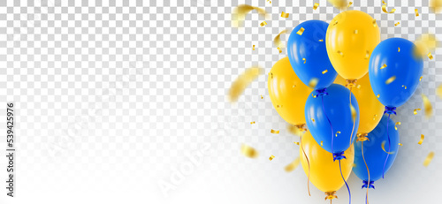 Bunch of blue and yellow helium balloons on transparent background with falling confetti and blank copy space at left. Web banner or greeting card design template. Realistic 3D vector illustration