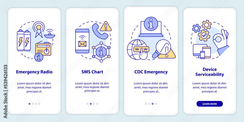 Ways to stay tuned onboarding mobile app screen. Nuclear disaster walkthrough 5 steps editable graphic instructions with linear concepts. UI, UX, GUI template. Myriad Pro-Bold, Regular fonts used