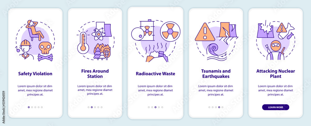 Nuclear accident causes onboarding mobile app screen. Disaster walkthrough 5 steps editable graphic instructions with linear concepts. UI, UX, GUI template. Myriad Pro-Bold, Regular fonts used