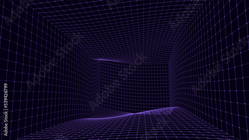 Wireframe room on the violet background. Vector perspective grid. Box with digital space.