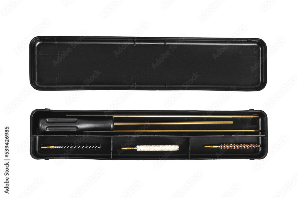 A set for cleaning weapons in a black case isolate on a white back. Weapon care tools.