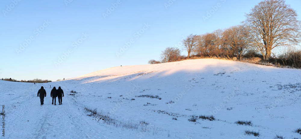 Danish winter landscape with white fields and hills and children sledging in the snow Danish winter landscape with white fields and hills and children sledging in the snow