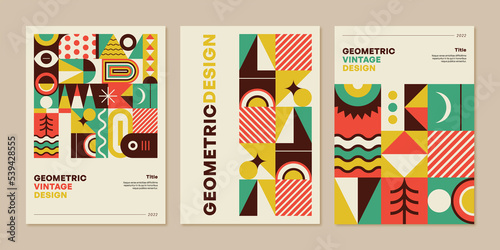 Geometric vintage design. Retro pattern. Abstract composition with geometrical shapes. Color neo geo set. Vector illustration for poster, postcard or brochure