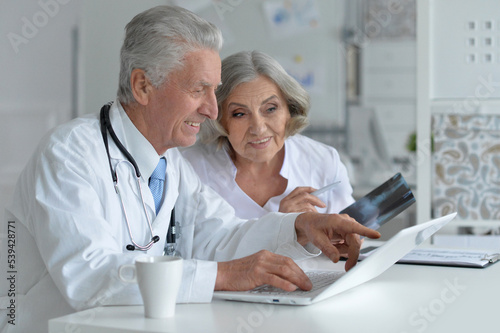Portrait of an elderly couple of doctors at the laptop