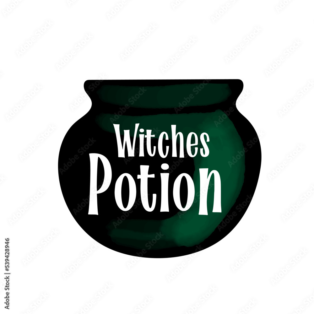 Witch pot illustration with text Witches Potion isolated on white background Witch pot illustration with text Witches Potion isolated on white background