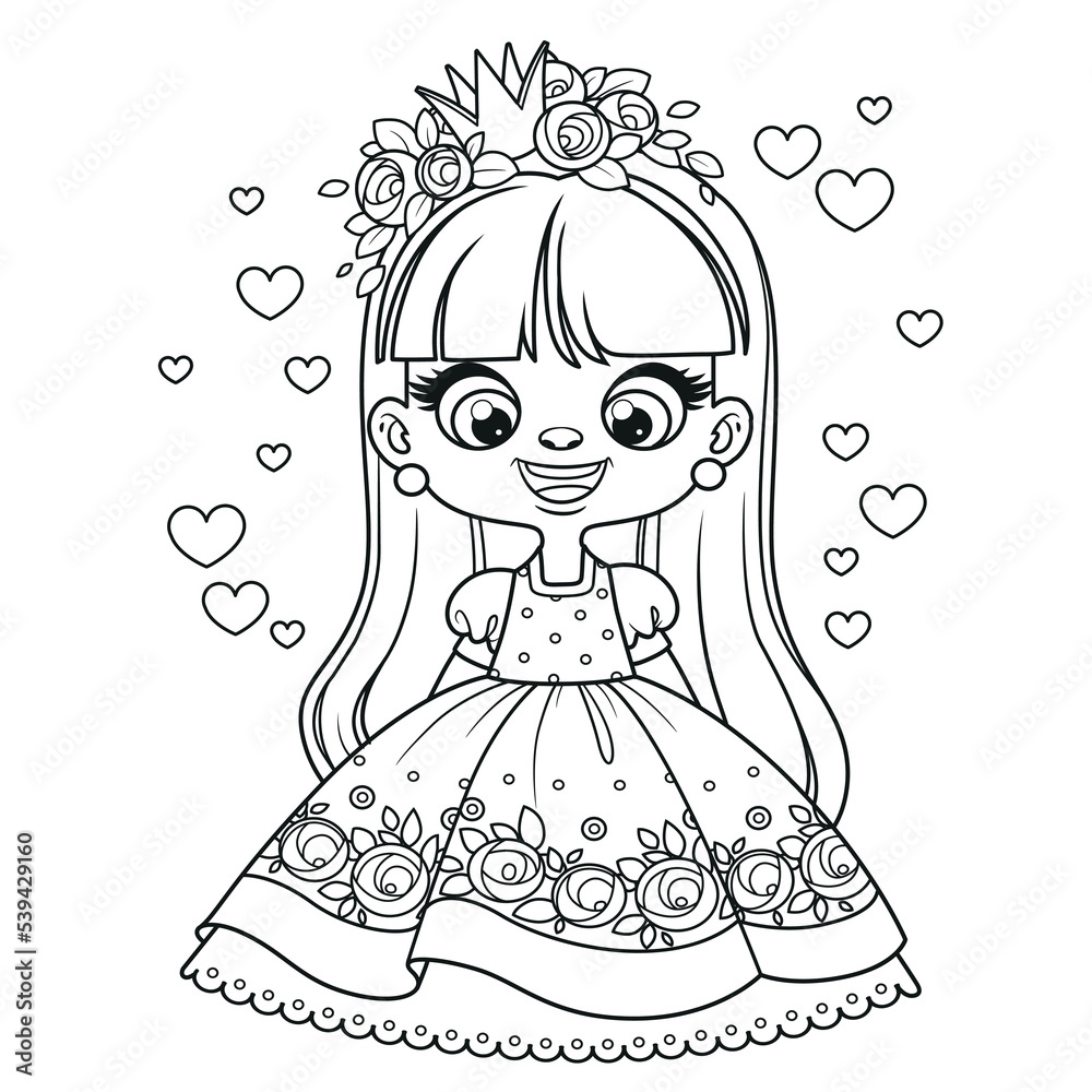 Fototapeta premium Cute cartoon long haired princess girl in ball dress outlined for coloring page on white background