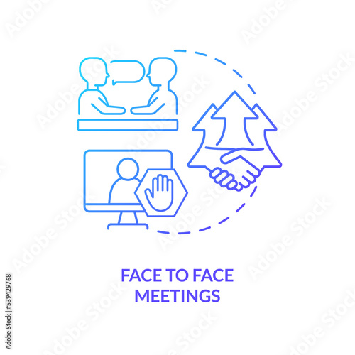 Face to face meetings concept blue gradient icon. Personal communication. Effective interaction with customers abstract idea thin line illustration. Isolated outline drawing. Myriad Pro-Bold font used