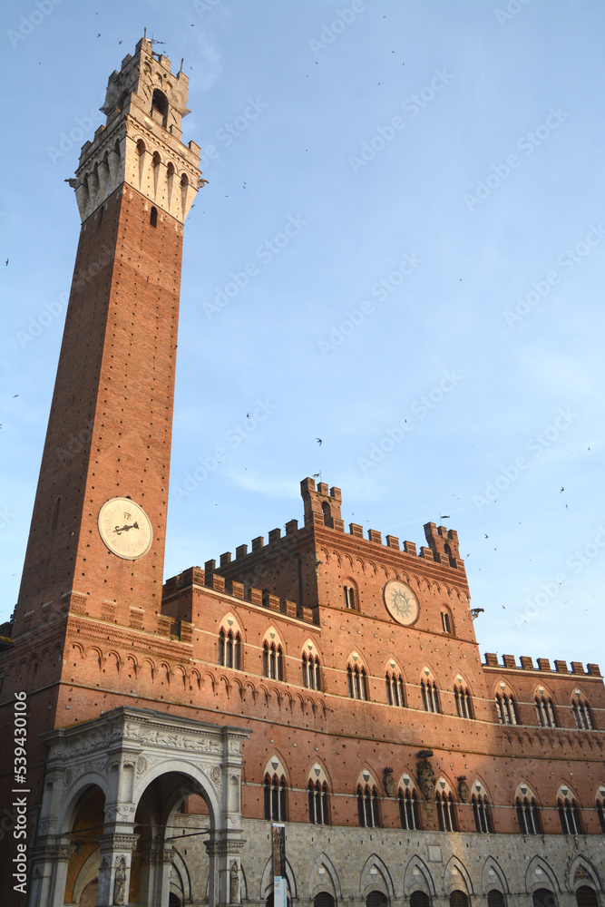 Piazza del Campo is the shell-shaped square where the Palio di Siena takes place. The Palazzo Pubblico and the Torre del Mangia dominate the square towards the Duomo.