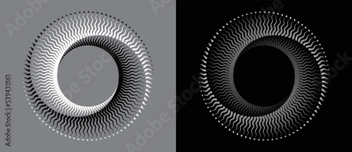 Waves lines in circle abstract background. Yin and yang symbol. Dynamic transition illusion.
