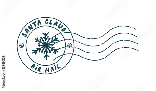 Cute Christmas and New Year postal vector stamp. Santa Claus air mail. Grunge texture.