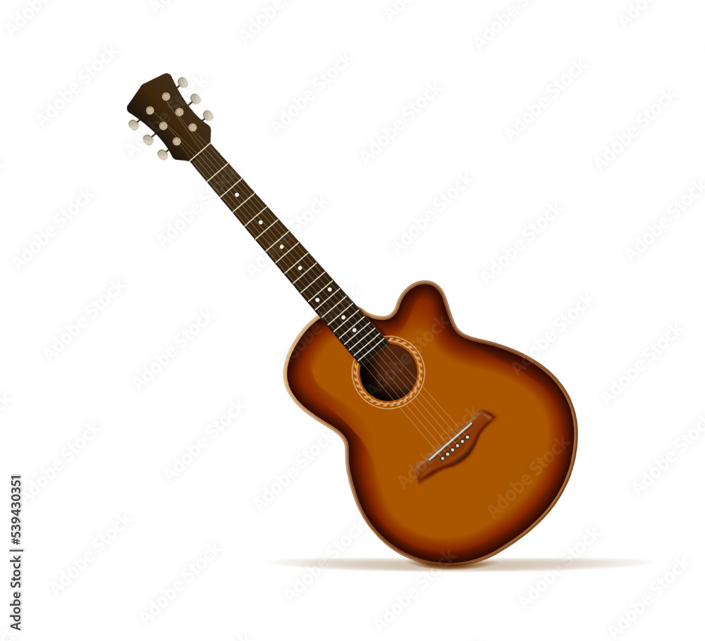 3d realistic vector icon. Acoustic dark wooden guitar. 