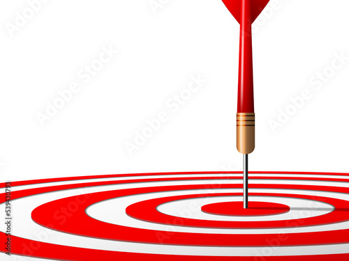Close up of red dart hit to center of red dartboard. Arrow on bullseye in target. Business success, investment goals, purpose challenge, financial strategy, objective achievement, focus ideas concept.