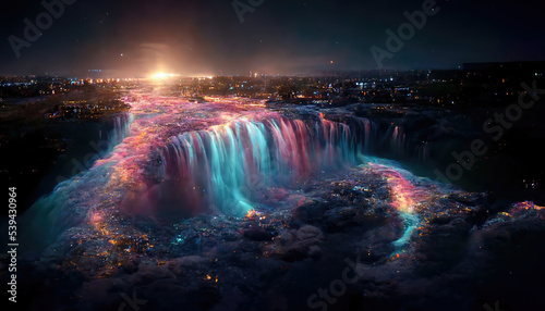 AI generated image of the Niagara falls lit up to look like deep space cosmos
