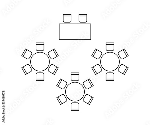 Plan for arranging seats and tables in interior on event banquet, layout graphic outline elements. Chairs and tables signs in scheme architectural plan. Furniture, top view. Vector line