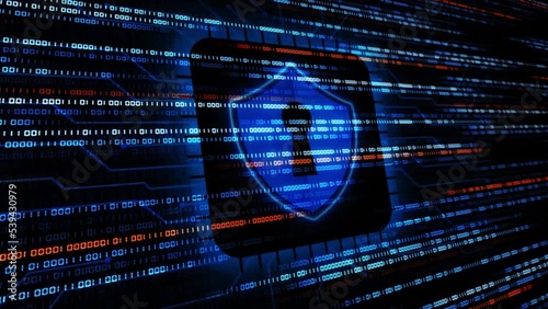 Binary Code in flow motion - Shield protection system binary code cyber security and information or network protection - business concept