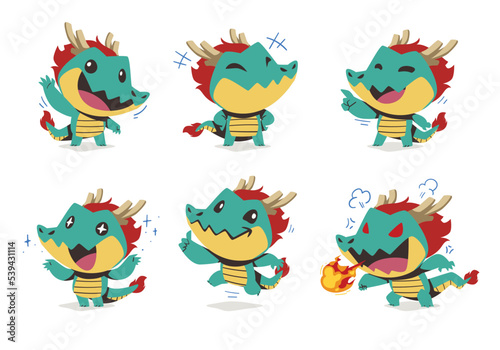 set of cute monster Asian Dragon cartoon mascot character