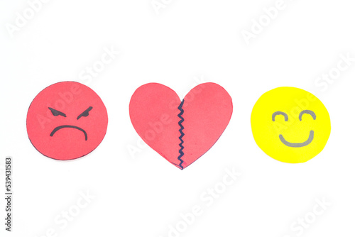 happy and angry paper faces on white background for copy space with concept of jealousy, heartbreak, infidelity, abuse,