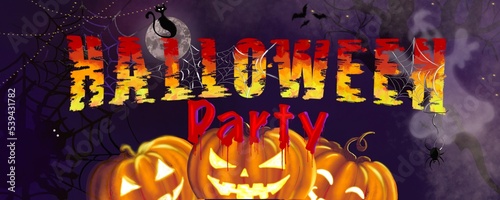 Scary Halloween party banner  angry pumpkins are looking into you on the dark night with the moonlight and angry cats  spiders and ghost