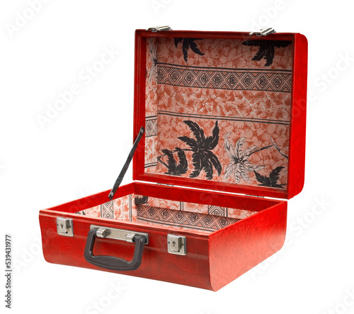 Open red suitcase on transparent background