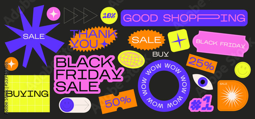 Collection of various patches, labels, tags, stickers, stamps for shopping and packaging. discounts, new collection. Vector set, trendy promo labels