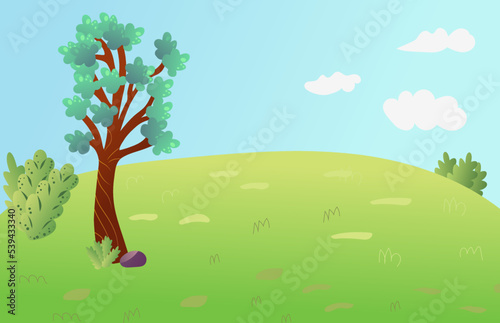Vector cartoon meadow landscape with grass. Blue sky with white clouds. Flat valley landscape. Empty green field with trees on sunny summer day. Green hills landscape background  empty glade template.
