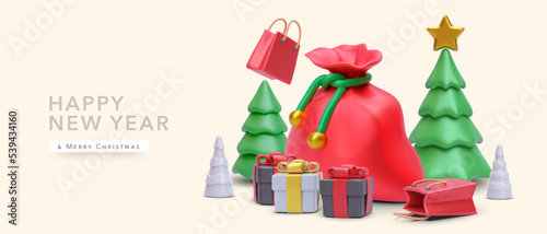 Christmas and New Year background with 3d realistic Christmas trees, gift, bag with presents. Vector illustration