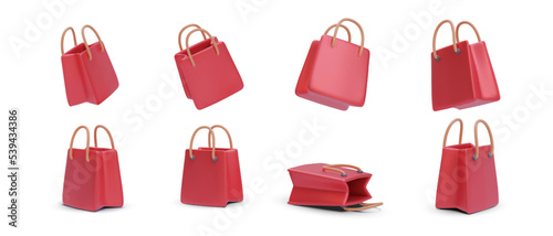 Set of red 3d realistic shopping bag in different position with shadow isolated on white background. Vector illustration