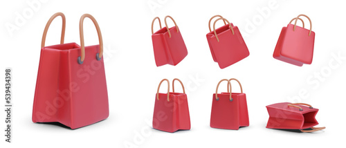 Set of red 3d realistic shopping bag with shadow isolated on white background. Vector illustration