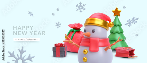 Christmas and New Year background with 3d realistic snowman, Christmas trees, gift, shopping bag and snowflakes. Vector illustration