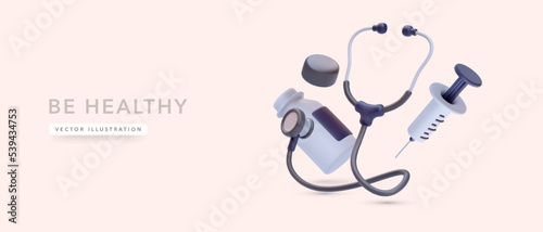 3d realistic stethoscope, syringe and pill box isolated on pink background. Vector illustration