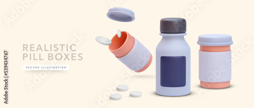 3d realistic pills and medicine boxes isolated on yellow background. Vector illustration