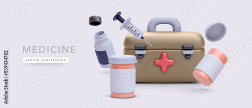 First aid kit with pill boxes and syringe in 3d realistic style isolated on light background. Vector illustration