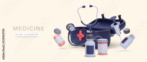 Open first aid kit with pill boxes, syringe, stethoscope in 3d realistic style. Vector illustration