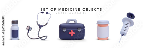 Set of 3d realistic medicine objects with shadow isolated on white background. Vector illustration