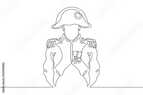 One continuous line. Historical character. French Emperor Napoleon Bonaparte. Soldier in a cocked hat. Soldier in dress uniform. One continuous line on a white background.
