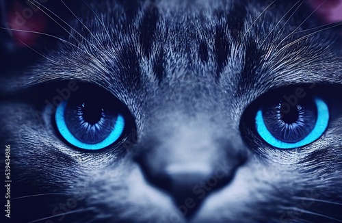 Adorable cartoon cat look from close-up with blue eyes. 3D rendering and animal theme background.